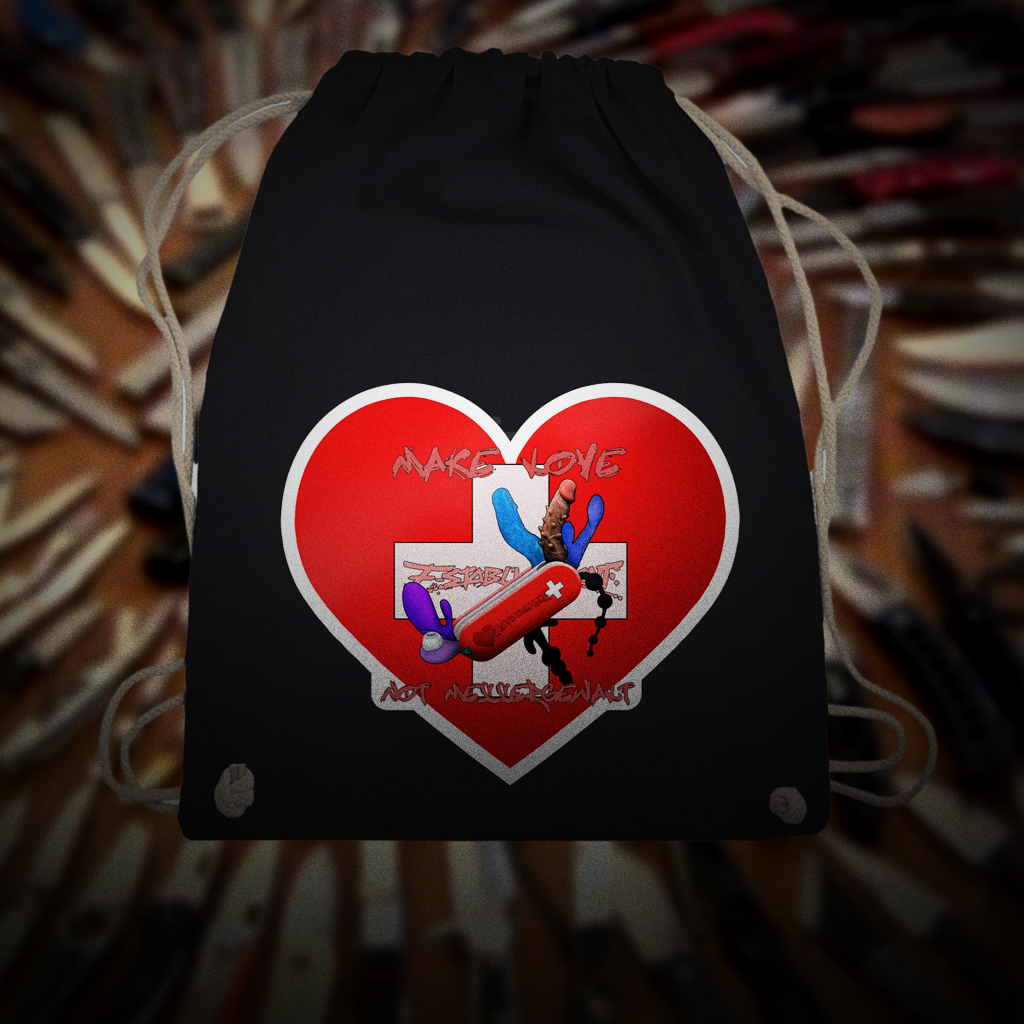 Sportbeutel „Make Love, not Messergewalt“ Herzform